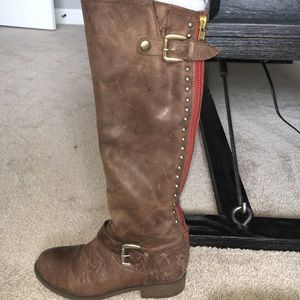 Leather Below the Knee Flat Boots, Red Stripe, 8.5
